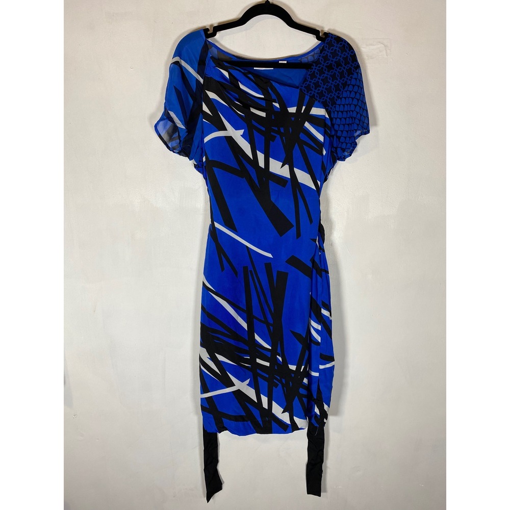 New York & Company Blue Black Geometric Tie Waist Midi Dress Sheer Sleeves M
